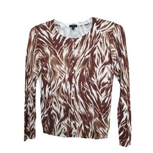 TALBOTS Petite Brown Charming Feathered Waves Button-Up Cardigan Size MP